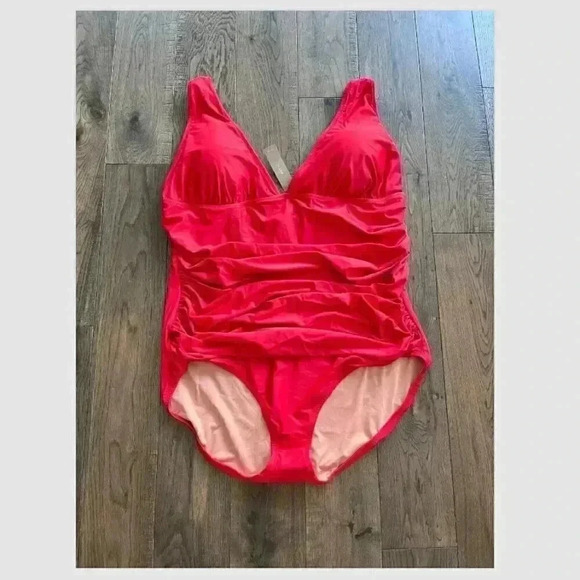 NWT J. Crew Plus Size 22 Ruched V Neck One Piece Swimsuit Bright Red Beach - Picture 2 of 7
